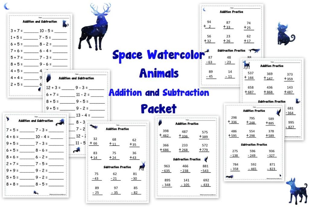 Space Watercolor Animals - Addition and Subtraction Packet