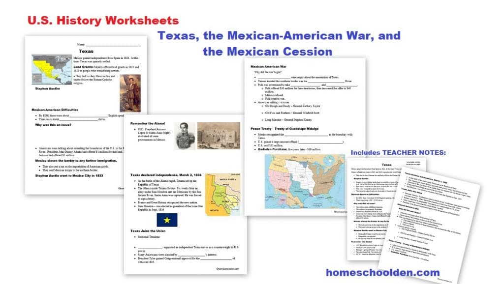 Texas - Mexican-American War - Mexican Cession Worksheets