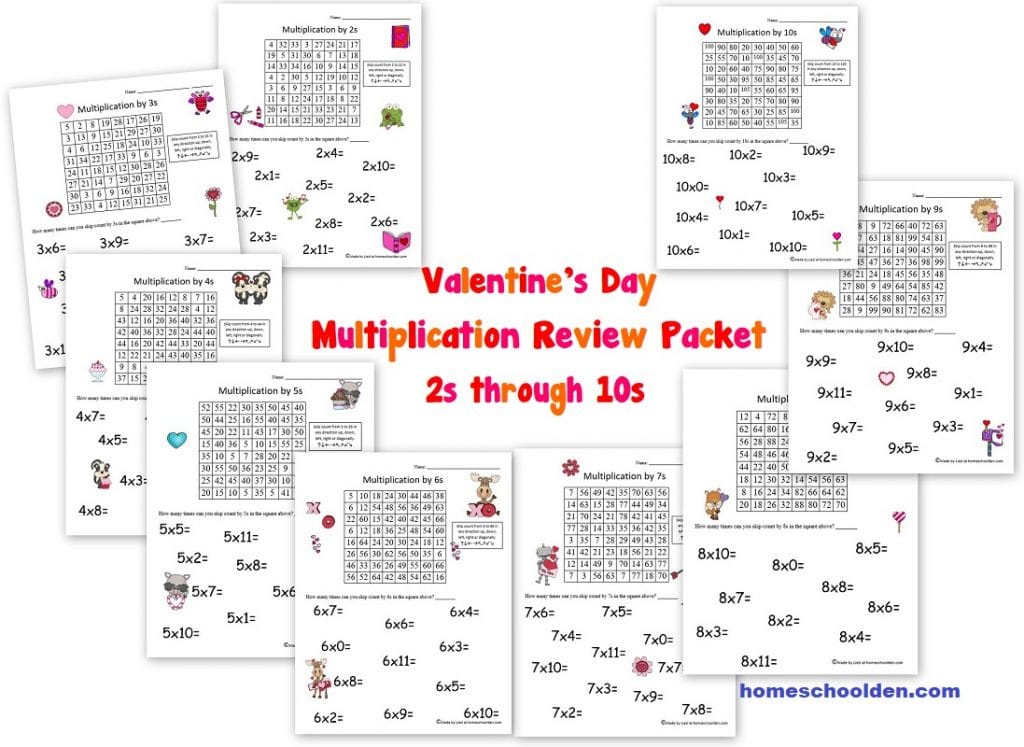 Valentines Day Multiplication Review Packet 2s through 10s Worksheets