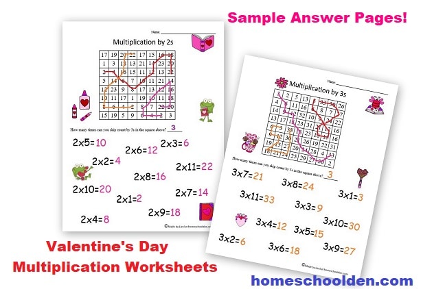 Valentine's Day Multiplication Worksheets - Answer Pages