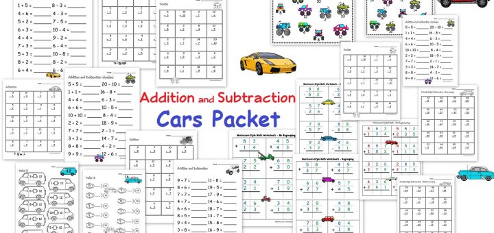 Addition Subtraction - Cars Worksheet Packet