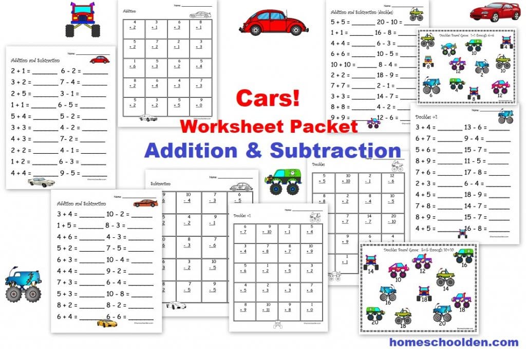 Cars Worksheet Packet - Addition Subtraction Facts