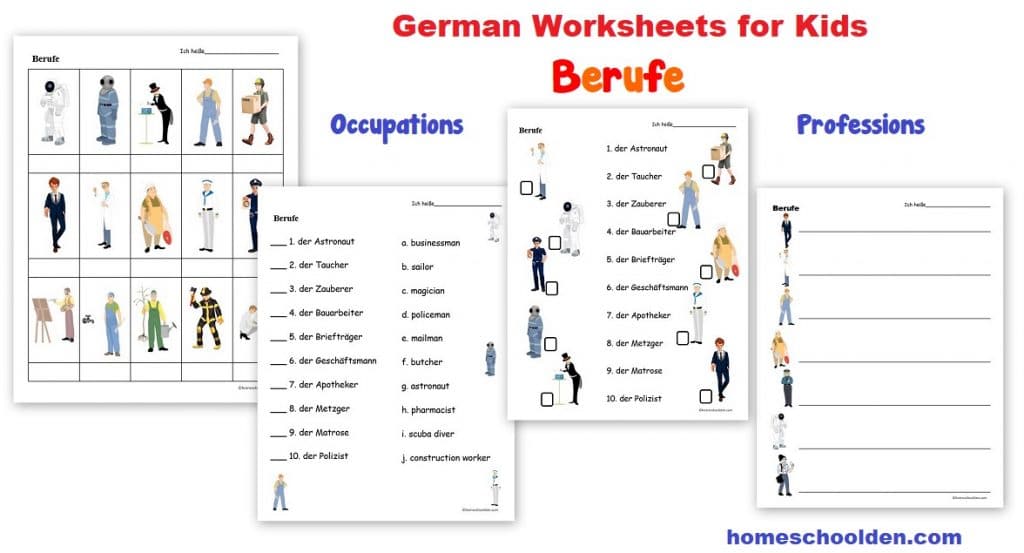German Worksheets - Berufe -- Occupations Professions Printables