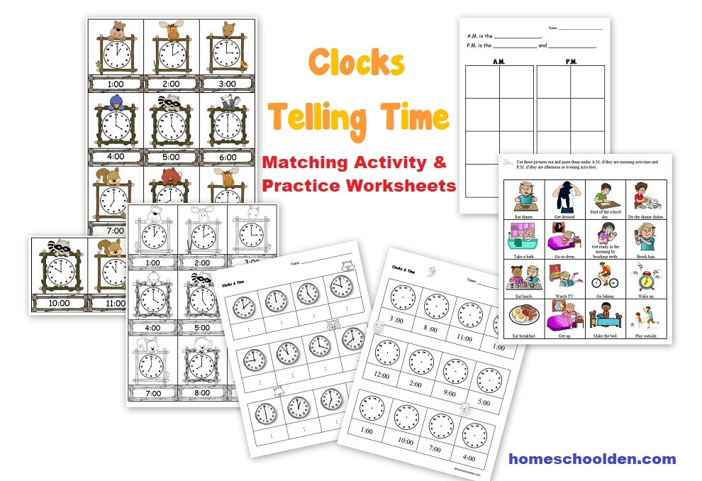 Clocks - Telling Time Matching Activity and Practice Worksheets