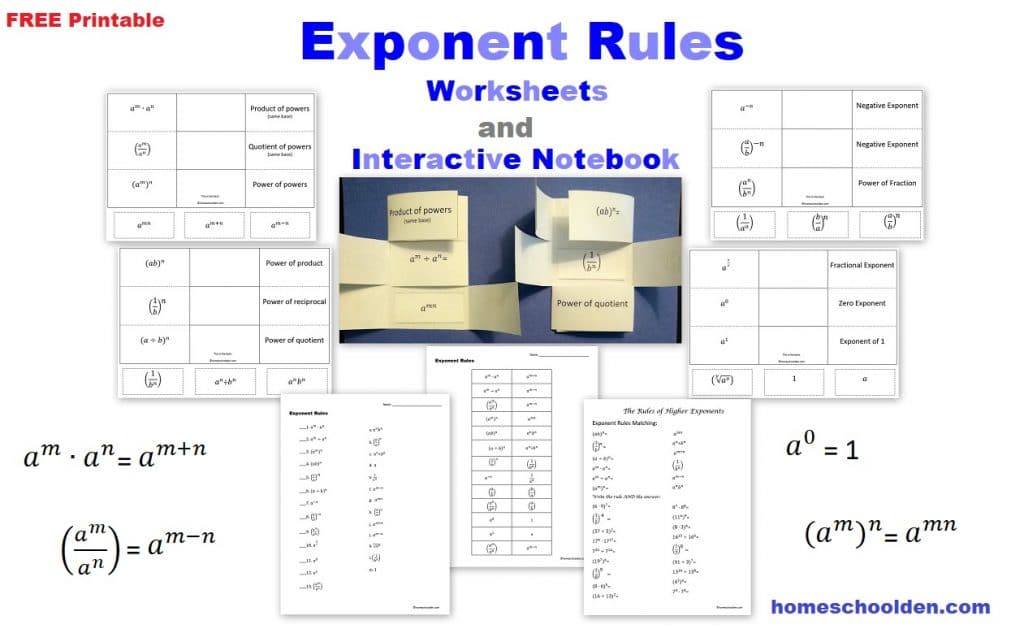 Exponent Rules Worksheets and Interactive Notebook FREE Printable