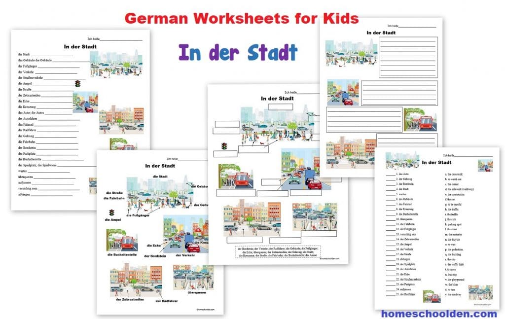 German Worksheets for Kids - In der Stadt - City Words