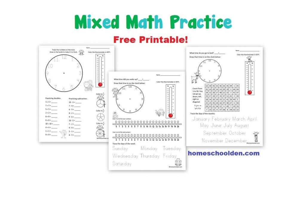 <p>Today I have a new Friday Freebie for you! I often like to start out the year by providing some regular freebies for my readers.  My hope is to share some free materials with you on Fridays.</p> <p>These pages include some basic clock/time practice, reviewing the days of the week, months of the year, fractions, and other things. Hope it is helpful! Enjoy!  ~Liesl</p> <p>Click on the link or the picture to download:</p> <p> </p> <p> </p> <p><strong>Here are some past math freebies you might want to check out:</strong></p> <ul> <li><a href="https://homeschoolden.com/2018/06/25/monday-math-freebie-addition-subtraction-and-more/">Math Freebie: addition/subtraction practice</a></li> </ul> <p><img class="aligncenter  wp-image-28197" src="https://homeschoolden.com/wp-content/uploads/2018/06/Math-Practice-Worksheets-Addition-Subtraction-Easy-Fractions-1024x510.jpg" sizes="(max-width: 720px) 100vw, 720px" srcset="https://homeschoolden.com/wp-content/uploads/2018/06/Math-Practice-Worksheets-Addition-Subtraction-Easy-Fractions.jpg 1024w, https://homeschoolden.com/wp-content/uploads/2018/06/Math-Practice-Worksheets-Addition-Subtraction-Easy-Fractions-150x75.jpg 150w, https://homeschoolden.com/wp-content/uploads/2018/06/Math-Practice-Worksheets-Addition-Subtraction-Easy-Fractions-300x149.jpg 300w, https://homeschoolden.com/wp-content/uploads/2018/06/Math-Practice-Worksheets-Addition-Subtraction-Easy-Fractions-768x382.jpg 768w" alt="Math Practice Worksheets - Addition - Subtraction - Easy Fractions" width="419" height="209" /></p> <ul> <li><a href="https://homeschoolden.com/2018/07/01/monday-math-freebie-skip-counting-mazes-2s-5s-10s/"> easy skip counting pages (for 2s, 5s, and 10s)</a></li> </ul> <p><img class="aligncenter size-large wp-image-28240" src="https://homeschoolden.com/wp-content/uploads/2018/07/Free-Skip-Counting-Pages-2s-5s-10s-1024x563.jpg" sizes="(max-width: 720px) 100vw, 720px" srcset="https://homeschoolden.com/wp-content/uploads/2018/07/Free-Skip-Counting-Pages-2s-5s-10s.jpg 1024w, https://homeschoolden.com/wp-content/uploads/2018/07/Free-Skip-Counting-Pages-2s-5s-10s-150x83.jpg 150w, https://homeschoolden.com/wp-content/uploads/2018/07/Free-Skip-Counting-Pages-2s-5s-10s-300x165.jpg 300w, https://homeschoolden.com/wp-content/uploads/2018/07/Free-Skip-Counting-Pages-2s-5s-10s-768x422.jpg 768w" alt="Free Skip Counting Pages 2s 5s 10s" width="720" height="396" /></p> <p><a href="https://homeschoolden.com/2016/11/08/free-fall-skip-counting-mazes-2s-3s-5s-10s/">Free Fall Skip Counting Pages: 2s 3s 5s and 10s</a></p> <p><img class="aligncenter  wp-image-13408" src="https://homeschoolden.com/wp-content/uploads/2014/11/FallSkipCountingPages-1024x598.jpg" sizes="(max-width: 643px) 100vw, 643px" srcset="https://homeschoolden.com/wp-content/uploads/2014/11/FallSkipCountingPages-1024x598.jpg 1024w, https://homeschoolden.com/wp-content/uploads/2014/11/FallSkipCountingPages-300x175.jpg 300w, https://homeschoolden.com/wp-content/uploads/2014/11/FallSkipCountingPages.jpg 1298w" alt="FallSkipCountingPages" width="450" height="263" /></p> <p><a href="https://homeschoolden.com/2017/03/29/spring-skip-counting-mazes-2s-3s-4s-5s-10s-free/">Free Spring Skip Counting Pages</a> - Since it's still August, I thought I'd share the link to these free skip counting mazes as well... As you can see, they are  more of a spring/summer theme. :)</p> <p><a href="https://homeschoolden.com/2017/03/29/spring-skip-counting-mazes-2s-3s-4s-5s-10s-free/"><img class="aligncenter wp-image-25612" src="https://homeschoolden.com/wp-content/uploads/2017/03/Skip-Counting-Worksheets-1024x615.jpg" sizes="(max-width: 637px) 100vw, 637px" srcset="https://homeschoolden.com/wp-content/uploads/2017/03/Skip-Counting-Worksheets.jpg 1024w, https://homeschoolden.com/wp-content/uploads/2017/03/Skip-Counting-Worksheets-150x90.jpg 150w, https://homeschoolden.com/wp-content/uploads/2017/03/Skip-Counting-Worksheets-300x180.jpg 300w" alt="Skip Counting Worksheets 2s 3s 4s 5s 10s" width="637" height="382" /></a></p> <ul> <li><a href="https://homeschoolden.com/2018/07/08/mixed-math-practice-monday-freebie/">Math Freebie: Mixed Math Practice</a></li> </ul> <p><a href="https://homeschoolden.com/2018/07/08/mixed-math-practice-monday-freebie/"><img class="aligncenter size-large wp-image-28249" src="https://homeschoolden.com/wp-content/uploads/2018/07/Mixed-Math-Practice-Freebie-1024x624.jpg" sizes="(max-width: 720px) 100vw, 720px" srcset="https://homeschoolden.com/wp-content/uploads/2018/07/Mixed-Math-Practice-Freebie.jpg 1024w, https://homeschoolden.com/wp-content/uploads/2018/07/Mixed-Math-Practice-Freebie-150x91.jpg 150w, https://homeschoolden.com/wp-content/uploads/2018/07/Mixed-Math-Practice-Freebie-300x183.jpg 300w, https://homeschoolden.com/wp-content/uploads/2018/07/Mixed-Math-Practice-Freebie-768x468.jpg 768w" alt="Mixed Math Practice Freebie" width="720" height="439" /></a></p> <ul> <li>We play all kinds of games in our homeschool (related to things we are studying).  I love when the kids BEG to play just one more round!  Here’s a <a href="https://homeschoolden.com/2020/03/15/free-math-game-boards/">FREE math game board set</a> I made last spring! This can be used with *any* math facts.  This is the addition/subtraction facts & number recognition. You'll also find the version with  a <a href="https://homeschoolden.com/2020/03/22/free-math-board-games-multiplication-and-division/">set of cards for multiplication/division here</a>.</li> </ul> <p><img class="aligncenter  wp-image-33978" src="https://homeschoolden.com/wp-content/uploads/2020/03/Ultimate-Math-Game-Board-FREE.jpg" sizes="(max-width: 873px) 100vw, 873px" srcset="https://homeschoolden.com/wp-content/uploads/2020/03/Ultimate-Math-Game-Board-FREE.jpg 873w, https://homeschoolden.com/wp-content/uploads/2020/03/Ultimate-Math-Game-Board-FREE-150x74.jpg 150w, https://homeschoolden.com/wp-content/uploads/2020/03/Ultimate-Math-Game-Board-FREE-300x149.jpg 300w, https://homeschoolden.com/wp-content/uploads/2020/03/Ultimate-Math-Game-Board-FREE-768x381.jpg 768w" alt="Ultimate Math Game Board - FREE!" width="449" height="223" /></p> <p><strong>You might be interested in our <a href="https://homeschoolden.com/addition-subtraction-bundle/">K-2 Math BUNDLE</a>:</strong> It is one of the best Bundles we have available... with more than 20 pdfs at just $5.50. :)  I've just had fun making these worksheets and keep adding to the bundle!</p> <p> </p> <p><a href="https://homeschoolden.com/addition-subtraction-bundle/"><img src="https://homeschoolden.com/wp-content/uploads/2020/02/K-2-Math-BUNDLE.jpg" alt="https://homeschoolden.com/wp-content/uploads/2020/02/K-2-Math-BUNDLE.jpg" /></a></p> <p>You might also want to check out our<a href="https://homeschoolden.com/spelling-bundle/"> Spelling Word Sorts and Games</a>:</p> <p><img class="aligncenter size-large wp-image-33367" src="https://homeschoolden.com/wp-content/uploads/2020/01/Spelling-BUNDLE-Activities-and-Games-1024x576.jpg" sizes="(max-width: 720px) 100vw, 720px" srcset="https://homeschoolden.com/wp-content/uploads/2020/01/Spelling-BUNDLE-Activities-and-Games.jpg 1024w, https://homeschoolden.com/wp-content/uploads/2020/01/Spelling-BUNDLE-Activities-and-Games-150x84.jpg 150w, https://homeschoolden.com/wp-content/uploads/2020/01/Spelling-BUNDLE-Activities-and-Games-300x169.jpg 300w, https://homeschoolden.com/wp-content/uploads/2020/01/Spelling-BUNDLE-Activities-and-Games-768x432.jpg 768w" alt="Spelling BUNDLE - Activities and Games" width="720" height="405" /></p> <p><img class="aligncenter size-large wp-image-24797" src="https://homeschoolden.com/wp-content/uploads/2017/01/Long-A-Sound-Words-a-ai-ay-ei-ey-eight-silent-e-Activities-1024x573.jpg" sizes="(max-width: 720px) 100vw, 720px" srcset="https://homeschoolden.com/wp-content/uploads/2017/01/Long-A-Sound-Words-a-ai-ay-ei-ey-eight-silent-e-Activities.jpg 1024w, https://homeschoolden.com/wp-content/uploads/2017/01/Long-A-Sound-Words-a-ai-ay-ei-ey-eight-silent-e-Activities-150x84.jpg 150w, https://homeschoolden.com/wp-content/uploads/2017/01/Long-A-Sound-Words-a-ai-ay-ei-ey-eight-silent-e-Activities-300x168.jpg 300w" alt="Long A Sound Words a ai ay ei ey eigh silent e Activities" width="720" height="403" /><img class="aligncenter size-full wp-image-19029" src="https://homeschoolden.com/wp-content/uploads/2015/11/ow-ou-oy-oi-aw-au-Word-Sort-Activities.jpg" sizes="(max-width: 1005px) 100vw, 1005px" srcset="https://homeschoolden.com/wp-content/uploads/2015/11/ow-ou-oy-oi-aw-au-Word-Sort-Activities.jpg 1005w, https://homeschoolden.com/wp-content/uploads/2015/11/ow-ou-oy-oi-aw-au-Word-Sort-Activities-150x99.jpg 150w, https://homeschoolden.com/wp-content/uploads/2015/11/ow-ou-oy-oi-aw-au-Word-Sort-Activities-300x197.jpg 300w" alt="ow ou oy oi aw au Word Sort-Activities" width="1005" height="660" /><img class="aligncenter  wp-image-23620" src="https://homeschoolden.com/wp-content/uploads/2016/10/er-sound-word-sort-and-games.jpg" sizes="(max-width: 629px) 100vw, 629px" srcset="https://homeschoolden.com/wp-content/uploads/2016/10/er-sound-word-sort-and-games.jpg 800w, https://homeschoolden.com/wp-content/uploads/2016/10/er-sound-word-sort-and-games-150x87.jpg 150w, https://homeschoolden.com/wp-content/uploads/2016/10/er-sound-word-sort-and-games-300x174.jpg 300w" alt="er-sound-word-sort-and-games" width="629" height="365" /><img class="aligncenter size-large wp-image-24126" src="https://homeschoolden.com/wp-content/uploads/2016/11/K-Sound-Spelling-Word-Sort-Activities-1024x601.jpg" sizes="(max-width: 720px) 100vw, 720px" srcset="https://homeschoolden.com/wp-content/uploads/2016/11/K-Sound-Spelling-Word-Sort-Activities.jpg 1024w, https://homeschoolden.com/wp-content/uploads/2016/11/K-Sound-Spelling-Word-Sort-Activities-150x88.jpg 150w, https://homeschoolden.com/wp-content/uploads/2016/11/K-Sound-Spelling-Word-Sort-Activities-300x176.jpg 300w" alt="k-sound-spelling-word-sort-activities" width="720" height="423" /></p> <p>See you again soon here or over at our <a href="https://www.facebook.com/HomeschoolDen">Homeschool Den Facebook Page</a>! Don’t forget to <a href="https://homeschoolden.com/subscribe/">Subscribe to our Homeschool Den Newsletter</a>. You might also want to check out some of our resources pages above (such as our <a href="https://homeschoolden.com/science-units/">Science</a>, <a href="https://homeschoolden.com/language-arts-resources/">Language Arts</a>, or <a href="https://homeschoolden.com/history-units/">History Units</a> Resource Pages) which have links to dozens of posts.  You might want to join our <a href="https://homeschoolden.com/free-facebook-group/">free Homeschool Den Chat Facebook group</a>.  Don’t forget to check out <a href="https://homeschoolden.com/store/">Our Store</a> as well. <img class="wp-smiley" src="https://homeschoolden.com/wp-includes/images/smilies/icon_smile.gif" alt=":)" /> <a href="https://homeschoolden.com/store/"><img class="aligncenter wp-image-26003" src="https://homeschoolden.com/wp-content/uploads/2017/05/Our-Store-Button.jpg" sizes="(max-width: 337px) 100vw, 337px" srcset="https://homeschoolden.com/wp-content/uploads/2017/05/Our-Store-Button.jpg 894w, https://homeschoolden.com/wp-content/uploads/2017/05/Our-Store-Button-150x102.jpg 150w, https://homeschoolden.com/wp-content/uploads/2017/05/Our-Store-Button-300x204.jpg 300w" alt="Homeschool Den Store" width="337" height="229" /></a>Again, if you are interested in joining our <a href="https://homeschoolden.com/subscribe/">Homeschool Den Newsletter</a>, feel free to subscribe here.</p> <p>The <strong>Welcome Series</strong> includes 5 packed emails… with tips on homeschooling, keeping motivated, finding various resources and freebies tucked away on the blog and more!</p> <p>Plus, you’ll be the first to hear about new packets (generally offered at a discount when they are first released), seasonal resources and more!</p> <p><a href="https://homeschoolden.com/subscribe/"><img class="aligncenter wp-image-16311" src="https://homeschoolden.com/wp-content/uploads/2014/12/Subscribe.jpg" sizes="(max-width: 135px) 100vw, 135px" srcset="https://homeschoolden.com/wp-content/uploads/2014/12/Subscribe.jpg 206w, https://homeschoolden.com/wp-content/uploads/2014/12/Subscribe-146x150.jpg 146w" alt="Subscribe" width="135" height="138" /></a>Happy Homeschooling! ~Liesl</p>