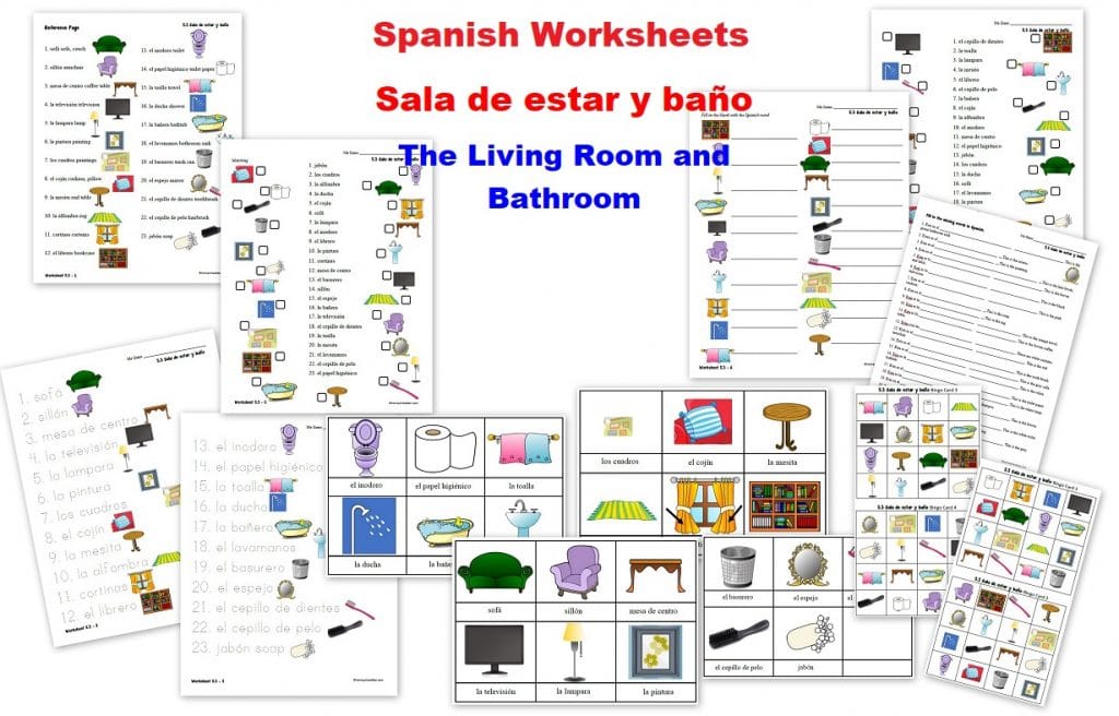 Spanish Worksheet Set 5 - 3 Sala de estar y baño Living Room and Bathroom