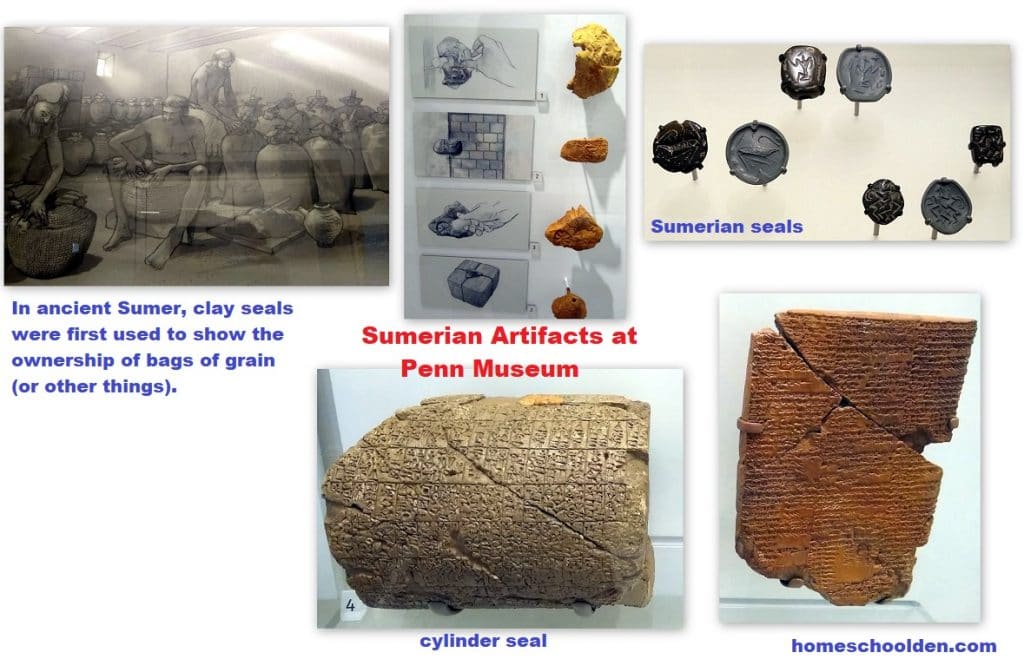 Sumerian Artifacts - Examples of cylinder seal and clay seals
