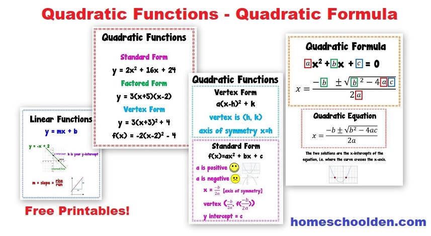 Quadratic Function - Quadratic Equations - Quadratic Formula - FREE Printables