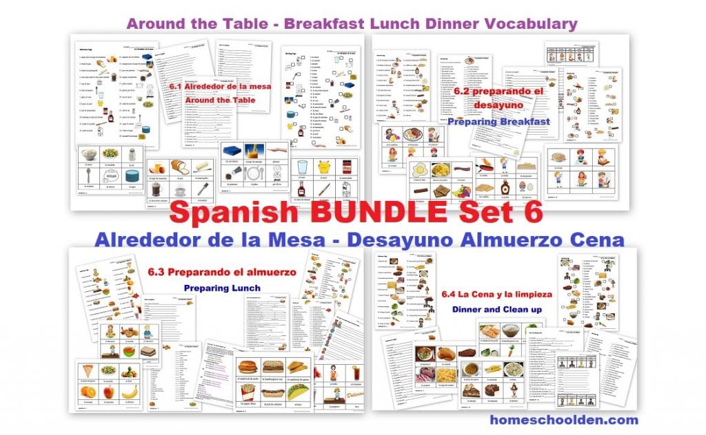 Spanish Worksheets Todo sobre la comida -Breakfast Lunch Dinner - Alrededor de la Mesa - Desayuno Almuerzo Cena