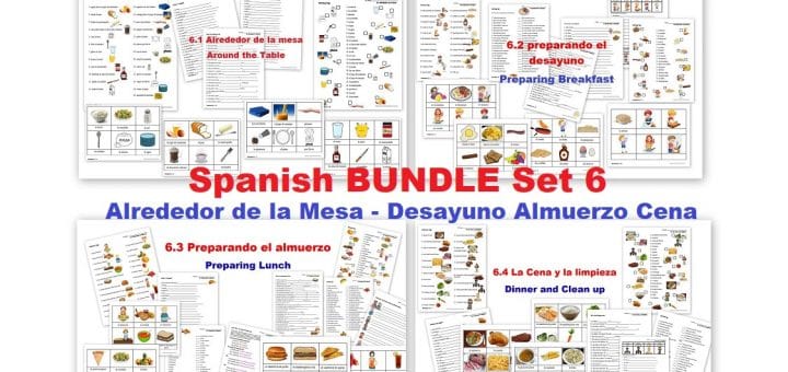 Spanish Worksheets Todo sobre la comida -Breakfast Lunch Dinner - Alrededor de la Mesa - Desayuno Almuerzo Cena