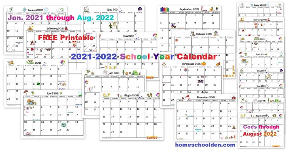Free 2022 Calendar Printable Free 2021-2022 Calendar Printable - Homeschool Den