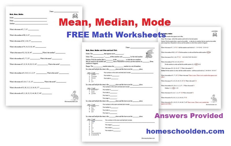 Mean Median Mode Math Worksheets