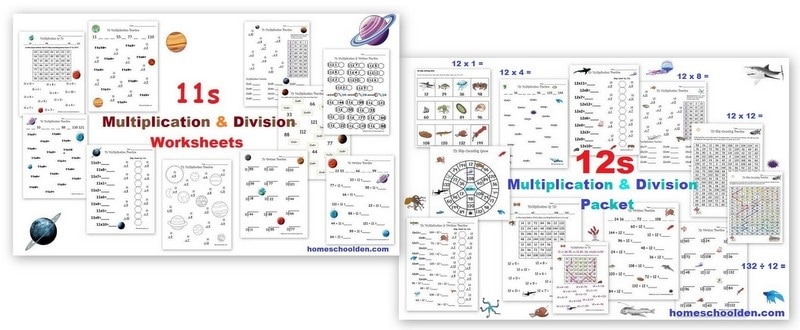 11s and 12s Multiplication and Division Worksheets