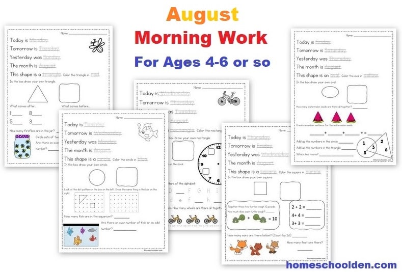 August Morning Work Pages - Worksheets for ages 4-6