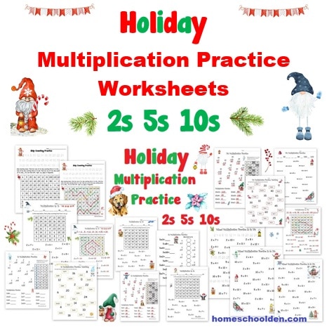 Holiday Multiplication Practice Worksheets for 2s 5s 10s