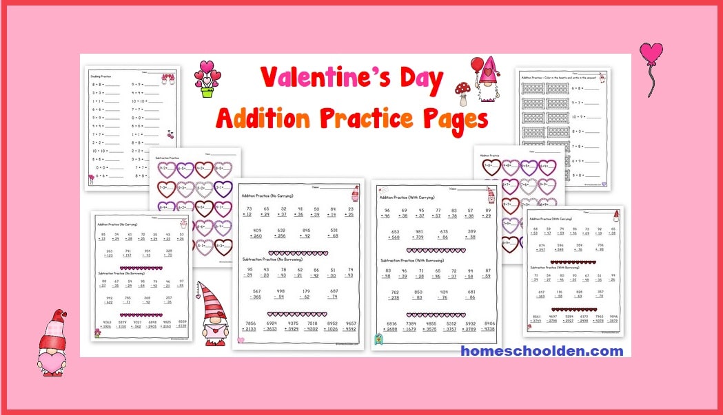 Valentine's Day Addition and Subtraction Practice Gnome Worksheets