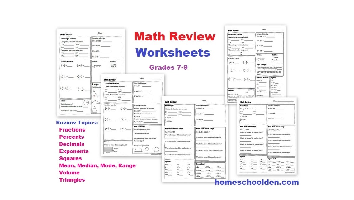 Math Review Worksheets - Fractions Percents Exponents Squares Mean Median and more