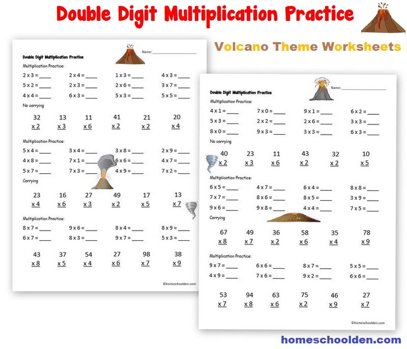 Double Digit Multiplication Practice - volcano theme