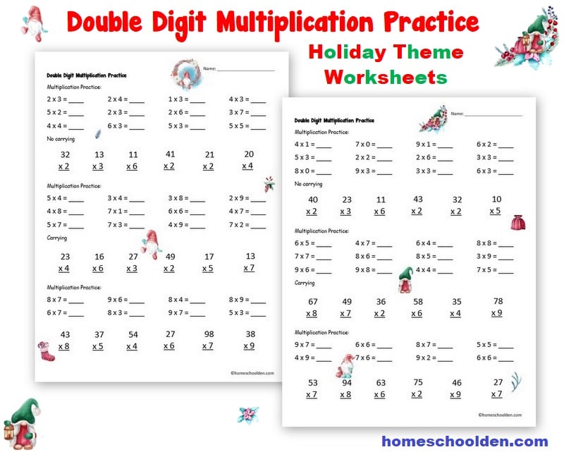 Double Digit Multiplication Practice Worksheets - Holiday Theme