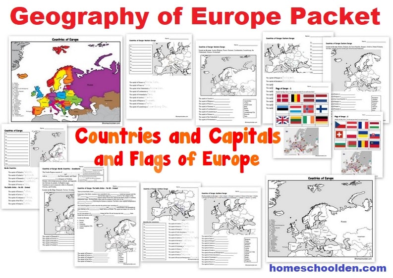 Geography of Europe - Countries Capitals and Flags Worksheet Packet