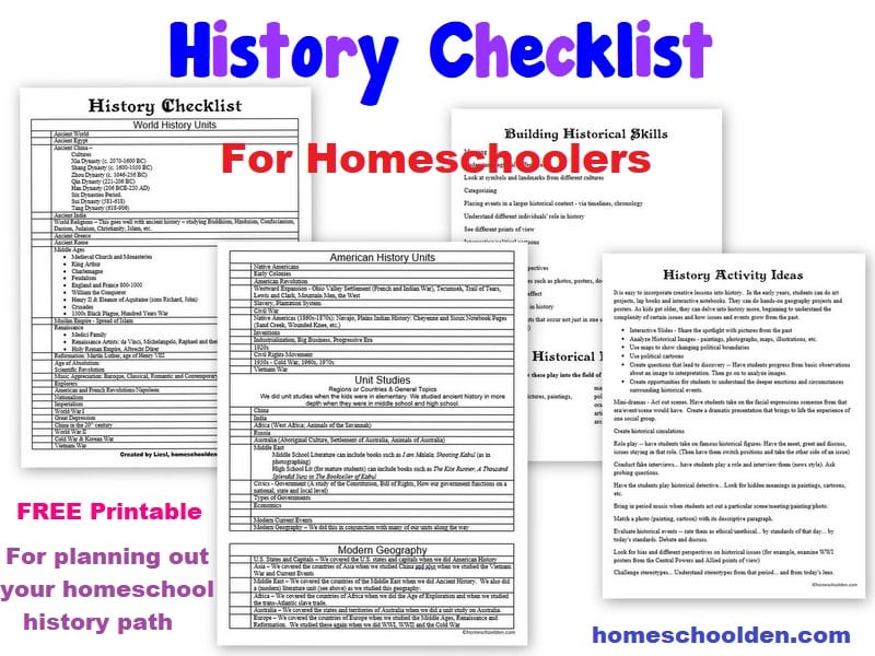 History Checklist for Homeschoolers - Free Printable