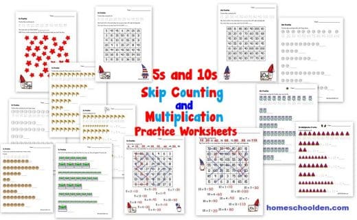 5s and 10s Skip Counting and Multiplication Practice Worksheets