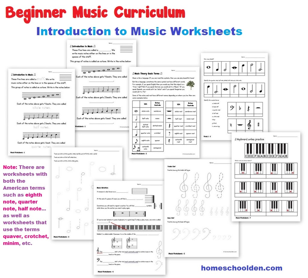 Beginner Music Curriculum - Whole note half note quarter note eighth note Worksheets