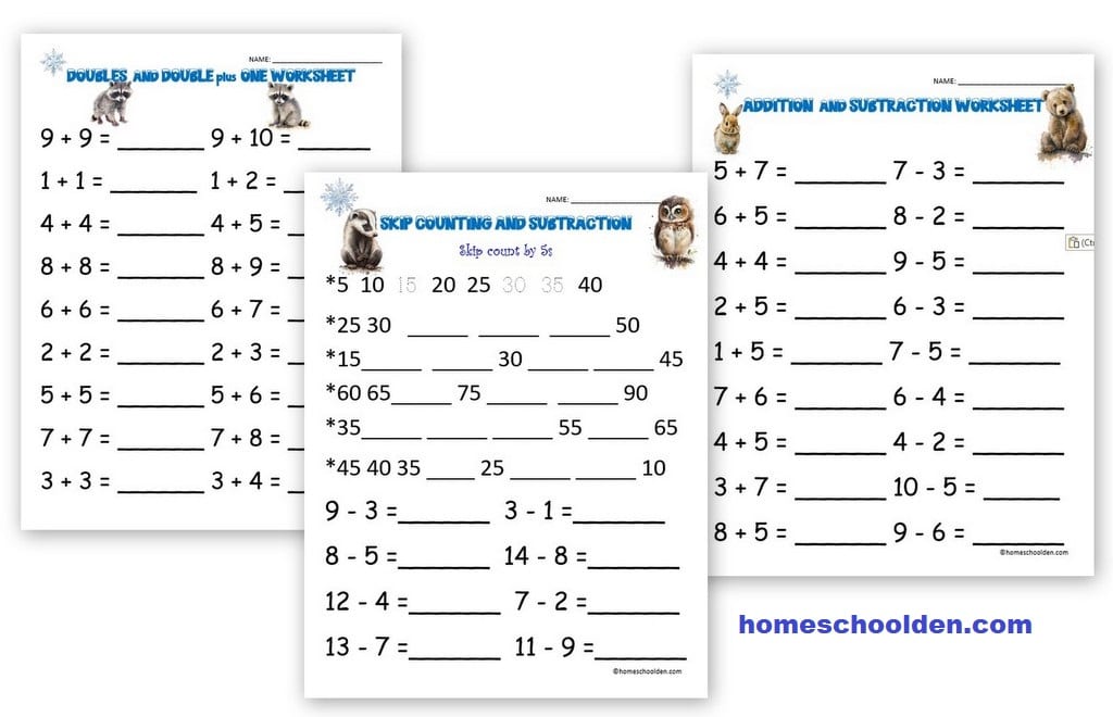 Winter Addition Subtraction Practice Worksheets