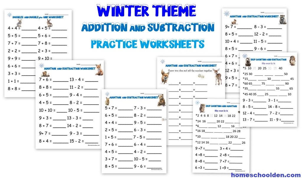 Winter Theme - Addition and Subtraction Practice Worksheets