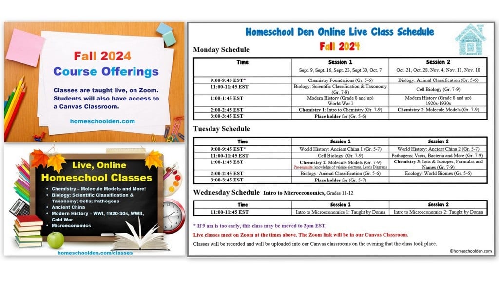 Fall 2024 Online Homeschool Classes - Course Schedule
