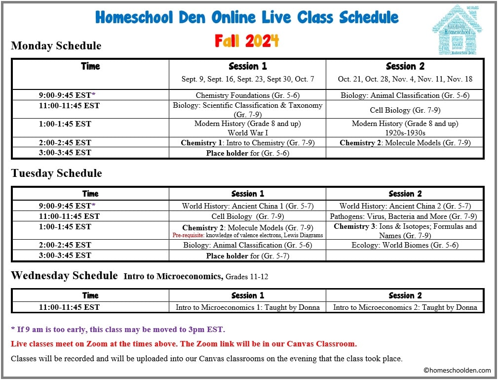 Homeschool Online Class Schedule for Fall 2024